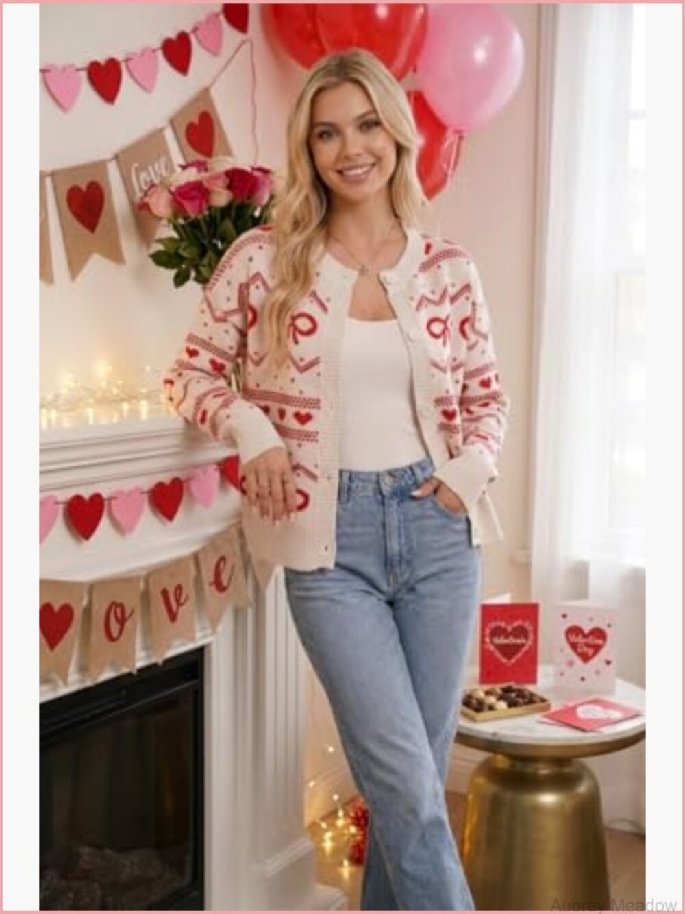 Kawaii Bow Heart Pattern Cropped Button Up Cardigan Sweater - Picture 5 of 7